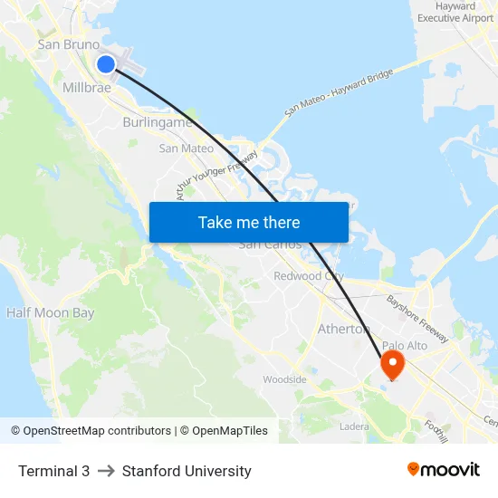 Terminal 3 to Stanford University map