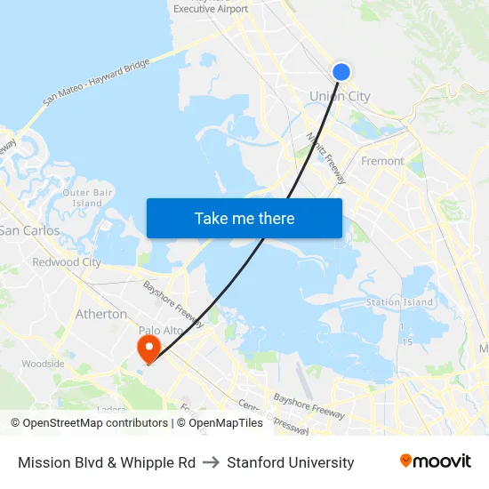 Mission Blvd & Whipple Rd to Stanford University map