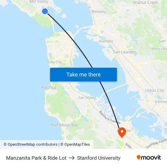 Manzanita Park & Ride Lot to Stanford University map