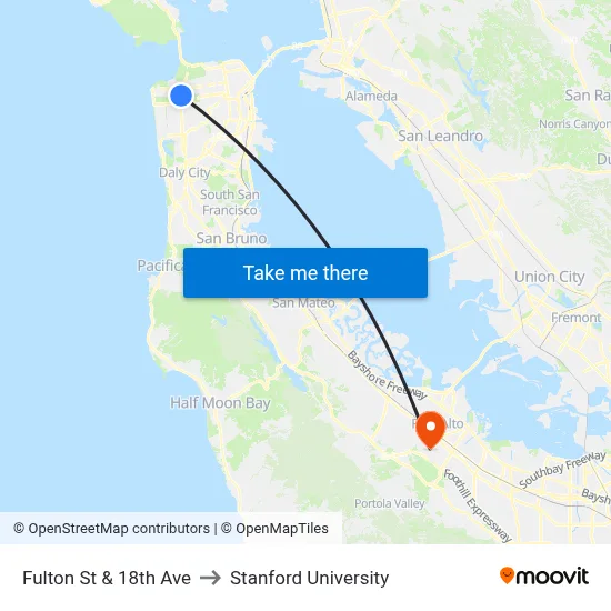 Fulton St & 18th Ave to Stanford University map