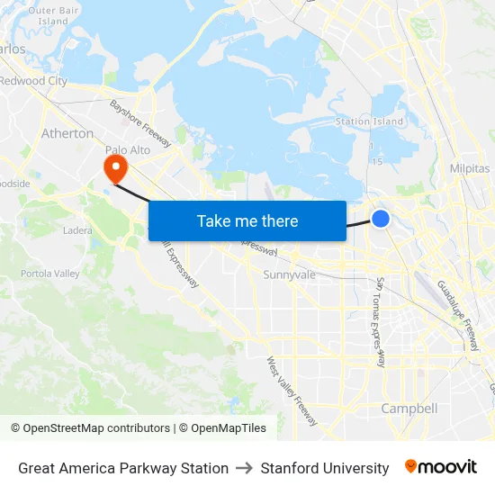 Great America Parkway Station to Stanford University map