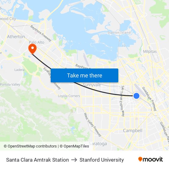 Santa Clara Amtrak Station to Stanford University map