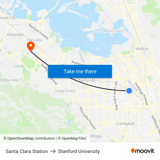 Santa Clara Station to Stanford University map