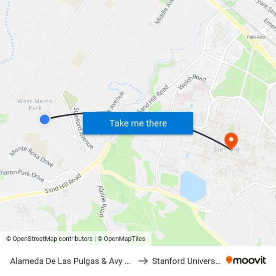 Alameda De Las Pulgas & Avy Ave to Stanford University map