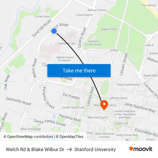 Welch Rd & Blake Wilbur Dr to Stanford University map