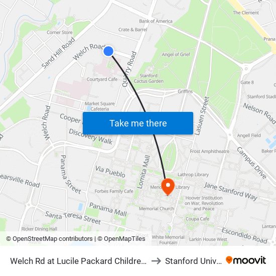 Welch Rd at Lucile Packard Children's Hospital to Stanford University map