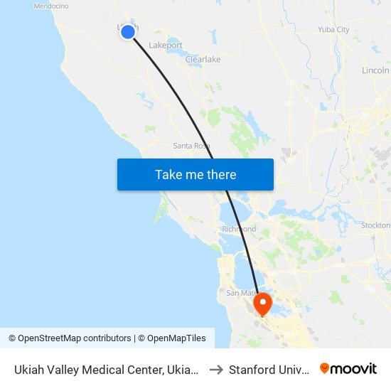 Ukiah Valley Medical Center, Ukiah, Ca, Usa to Stanford University map