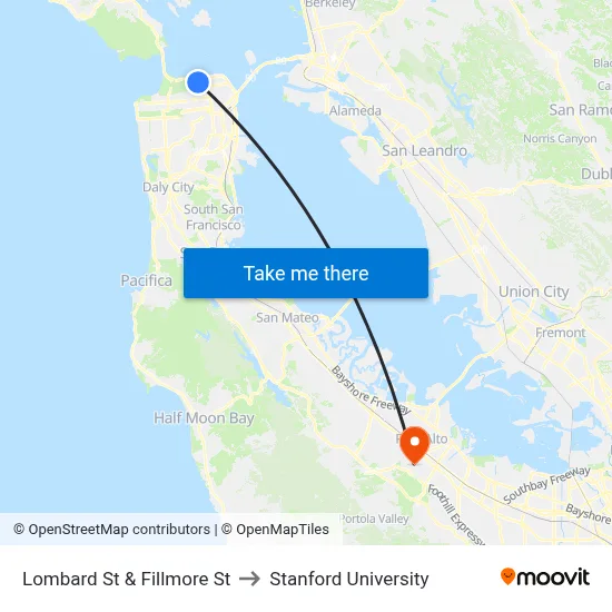 Lombard St & Fillmore St to Stanford University map