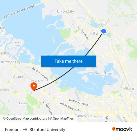 Fremont to Stanford University map