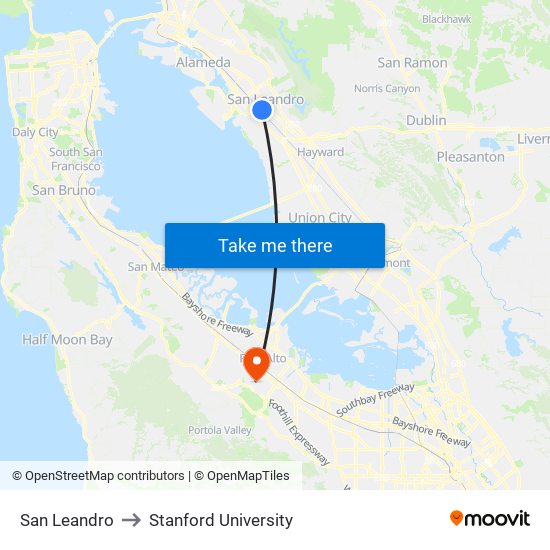 San Leandro to Stanford University map