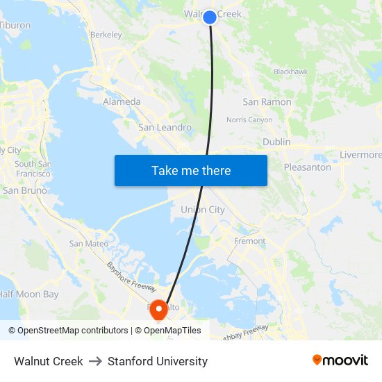 Walnut Creek to Stanford University map