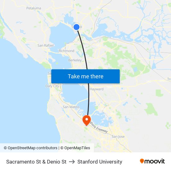 Sacramento St & Denio St to Stanford University map