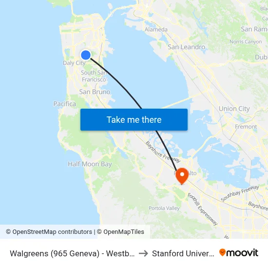 Walgreens (965 Geneva) - Westbound to Stanford University map