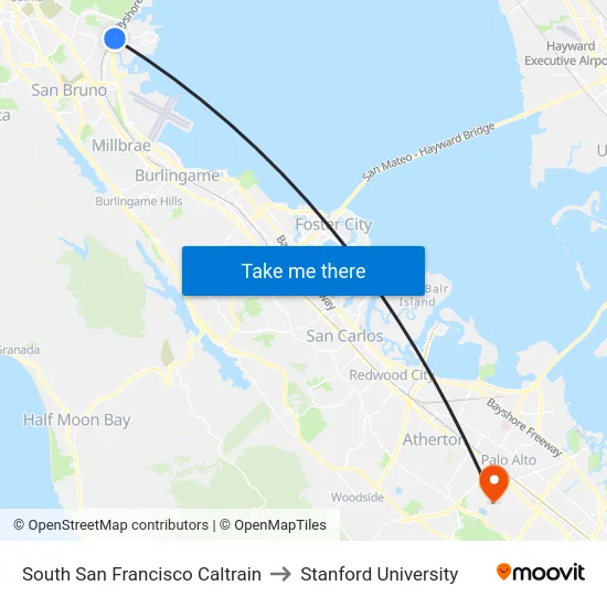 South San Francisco Caltrain to Stanford University map