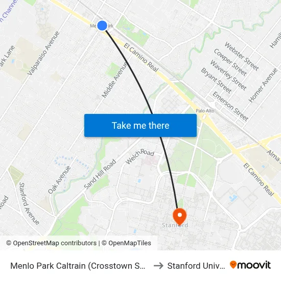 Menlo Park Caltrain (Crosstown Shuttle Stop) to Stanford University map