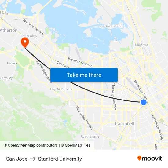 San Jose to Stanford University map