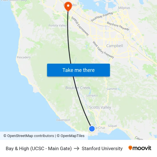 Bay & High (UCSC - Main Gate) to Stanford University map