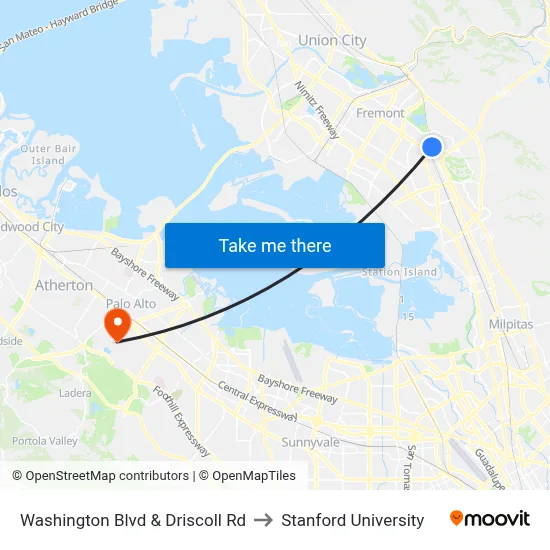 Washington Blvd & Driscoll Rd to Stanford University map