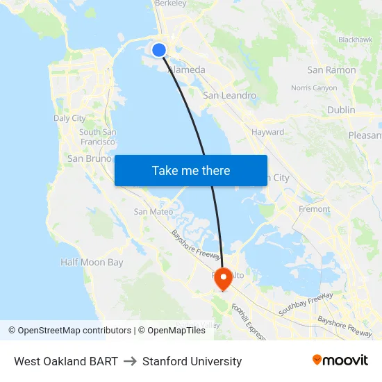 West Oakland BART to Stanford University map
