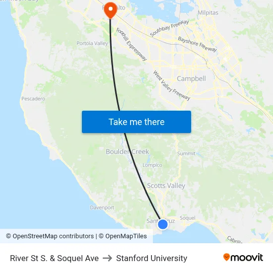 River St S. & Soquel Ave to Stanford University map