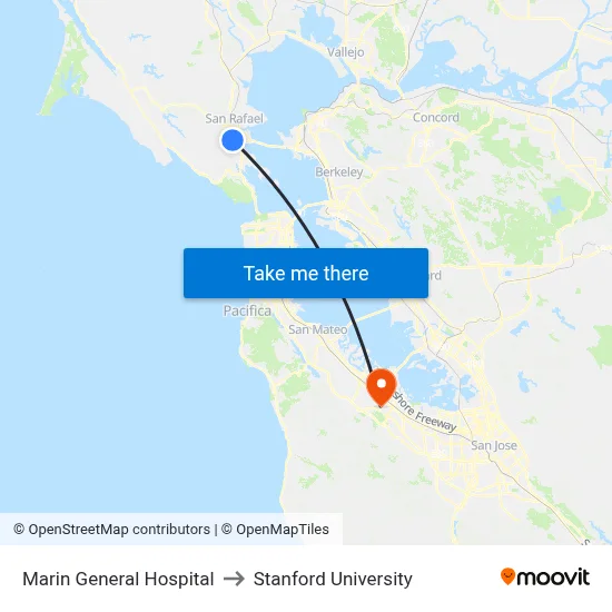 Marin General Hospital to Stanford University map