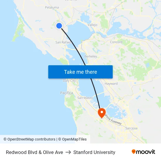Redwood Blvd & Olive Ave to Stanford University map