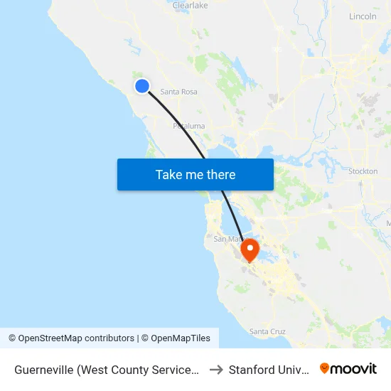 Guerneville (West County Services Center) to Stanford University map
