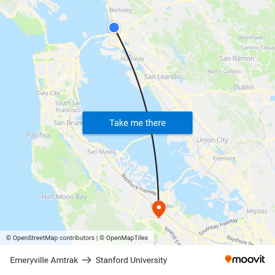 Emeryville Amtrak to Stanford University map