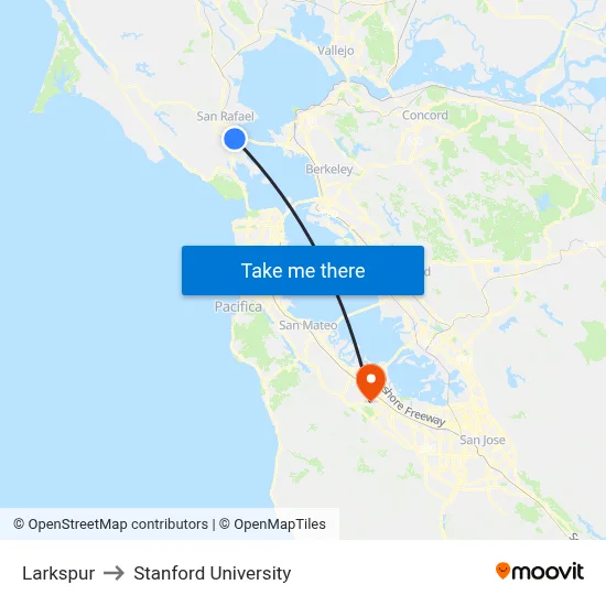 Larkspur to Stanford University map