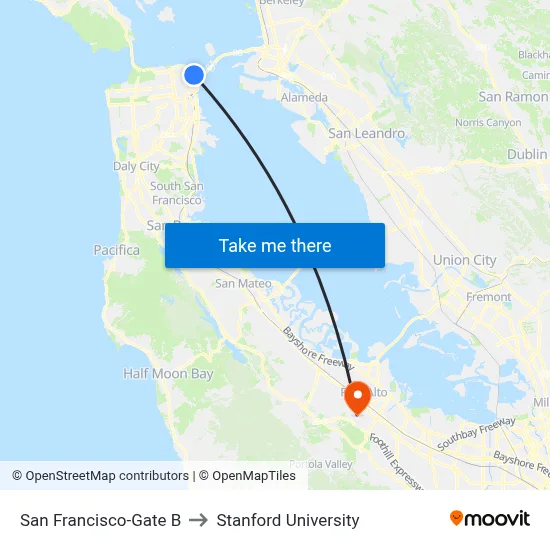 San Francisco-Gate B to Stanford University map