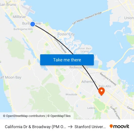 California Dr & Broadway (PM Only) to Stanford University map