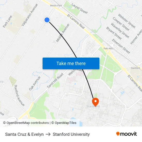 Santa Cruz & Evelyn to Stanford University map