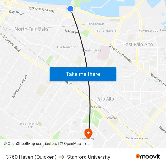3760 Haven (Quicken) to Stanford University map
