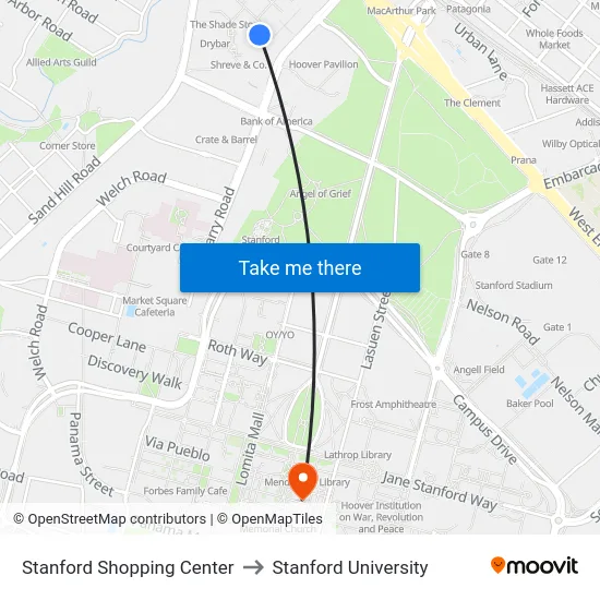 Stanford Shopping Center to Stanford University map
