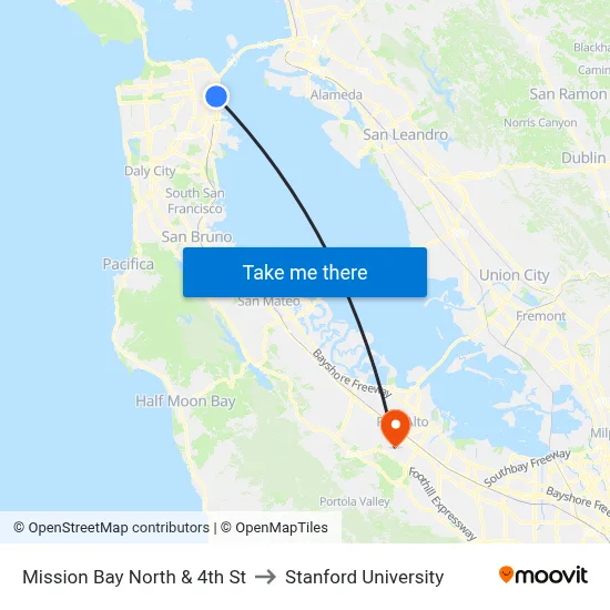 Mission Bay North & 4th St to Stanford University map