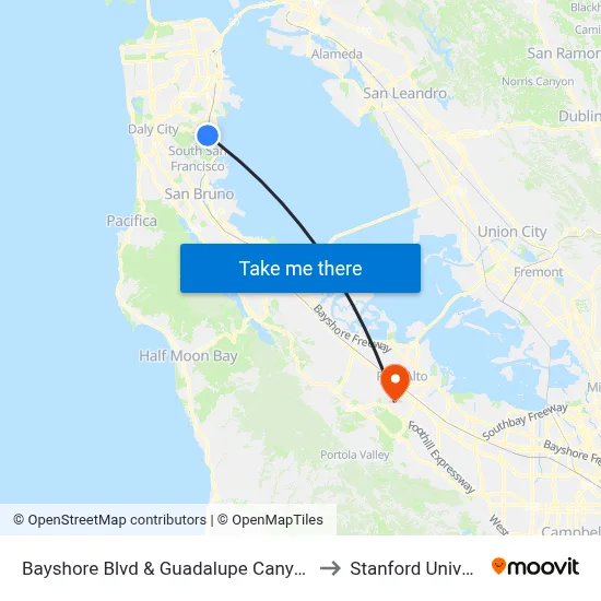 Bayshore Blvd & Guadalupe Canyon Pkwy to Stanford University map
