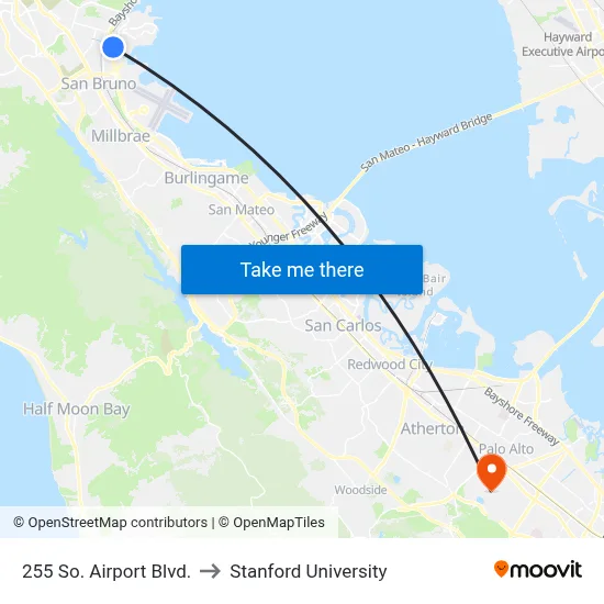 255 So. Airport Blvd. to Stanford University map