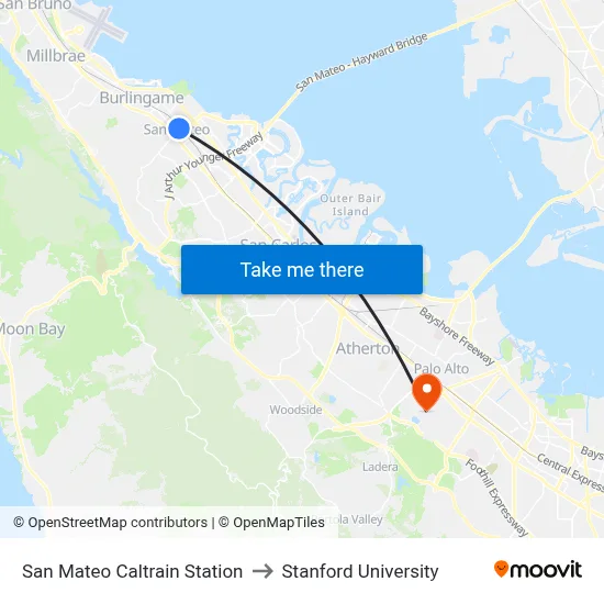 San Mateo Caltrain Station to Stanford University map