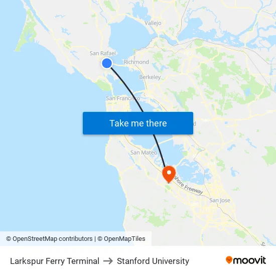 Larkspur Ferry Terminal to Stanford University map