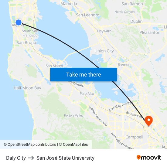 Daly City to San José State University map