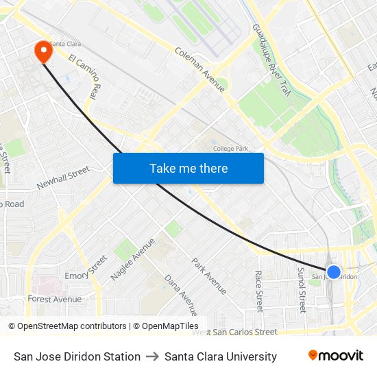 San Jose Diridon Station to Santa Clara University map