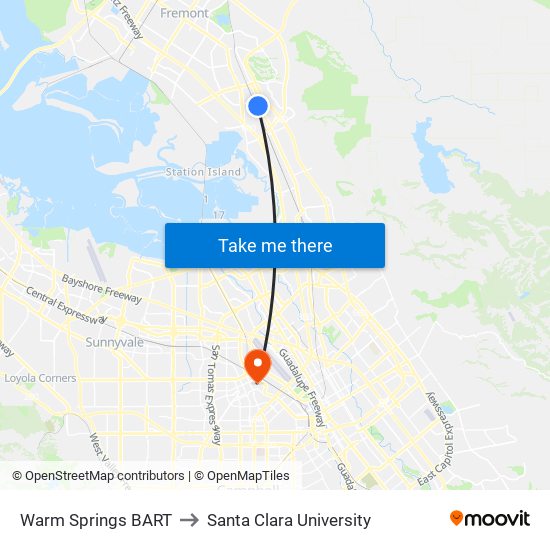 Warm Springs BART to Santa Clara University map