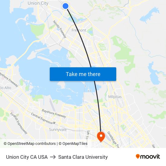 Union City CA USA to Santa Clara University map