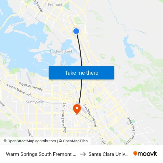 Warm Springs South Fremont Station to Santa Clara University map