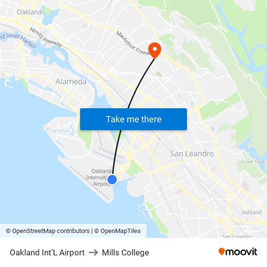 Oakland Int'L Airport to Mills College map