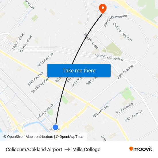 Coliseum/Oakland Airport to Mills College map
