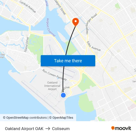 Oakland Airport OAK to Coliseum map