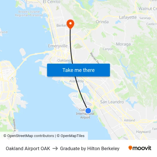 Oakland Airport OAK to Graduate by Hilton Berkeley map