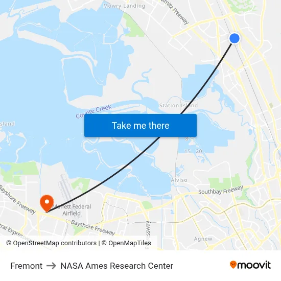 Fremont to NASA Ames Research Center map