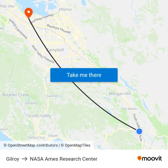 Gilroy to NASA Ames Research Center map